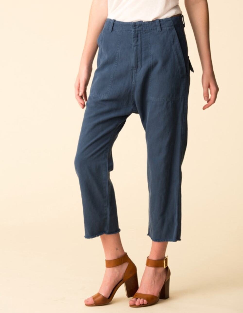 Nili Lotan Luna Pants Vintage Blue Drop Crotch Cotton Linen Cropped Frayed Hem 0